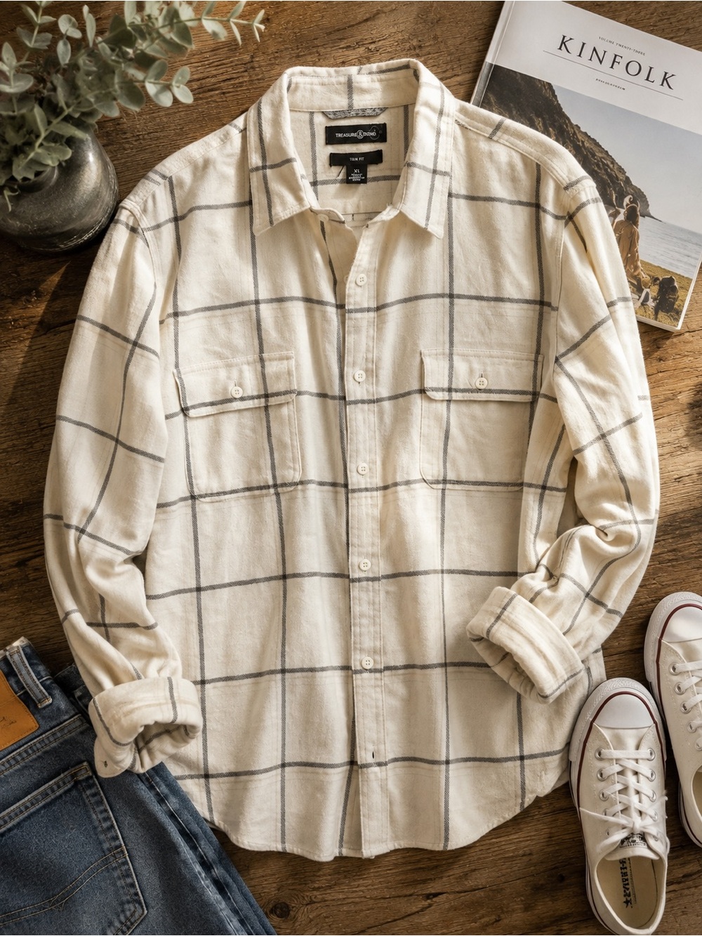 Treasure & Bond 100% Cotton Windowpane Shirt XL